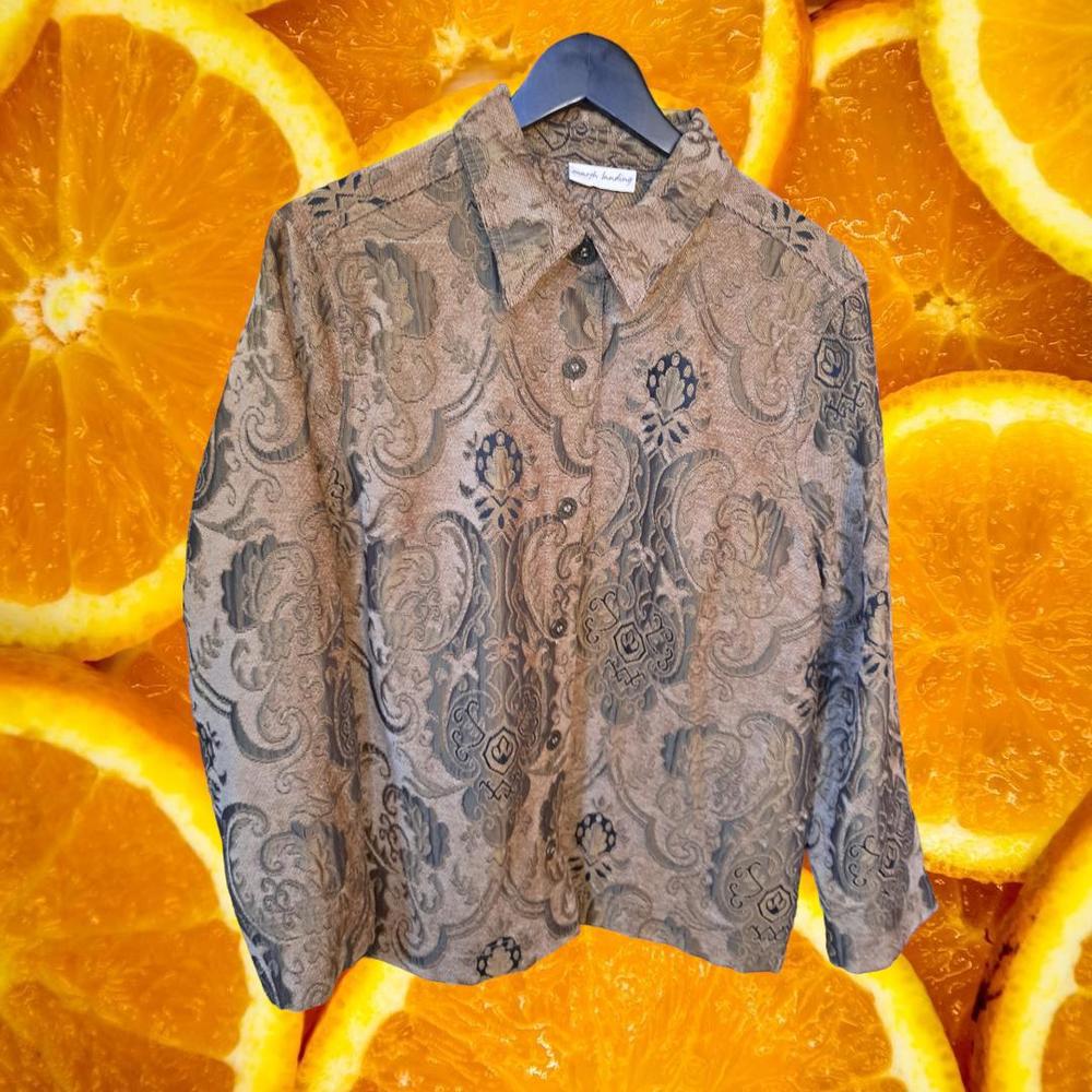 Marsh Landing Tan Tapestry Style Heavyweight Button Down Blouse Size Large